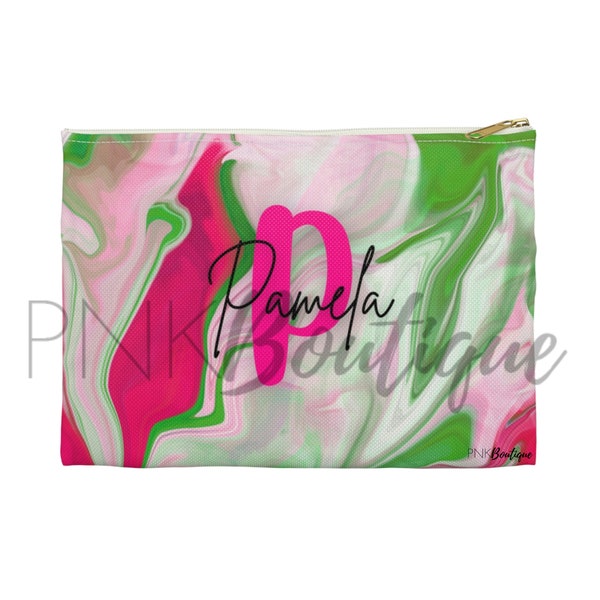 Pink and green Accessory Pouch, AKA Paraphernalia, Monogram Pouch, Black Women's Gift, AKA Accessory Gift , Unique 1908 Sorority Gift