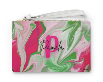 Personalized Pink and Green Clutch Bag, Alpha Kappa Alpha, AKA Paraphernalia, AKA Sorority Gifts, Wristlet Pouch, AKA Bag, Clutch Purse