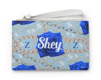 Personalized Blue and White Clutch Bag, Zeta Phi Beta, Zeta Paraphernalia, Zeta Sorority Gifts, Clutch With Strap, Wristlet Clutch