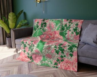 Custom Pink and Green Crush Velvet Blanket, D9 Sorority Paraphernalia, HBCU Divine Nine, Cozy Throw Blanket, Housewarming Decor Gift for Mom