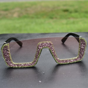 Rosa und Grün bling Sunglasses | Quadratische Sonnenbrille mit Strass | Stein Sonnenbrillen | Sonnenbrillen Damenmode Outdoor | Bling Gläser