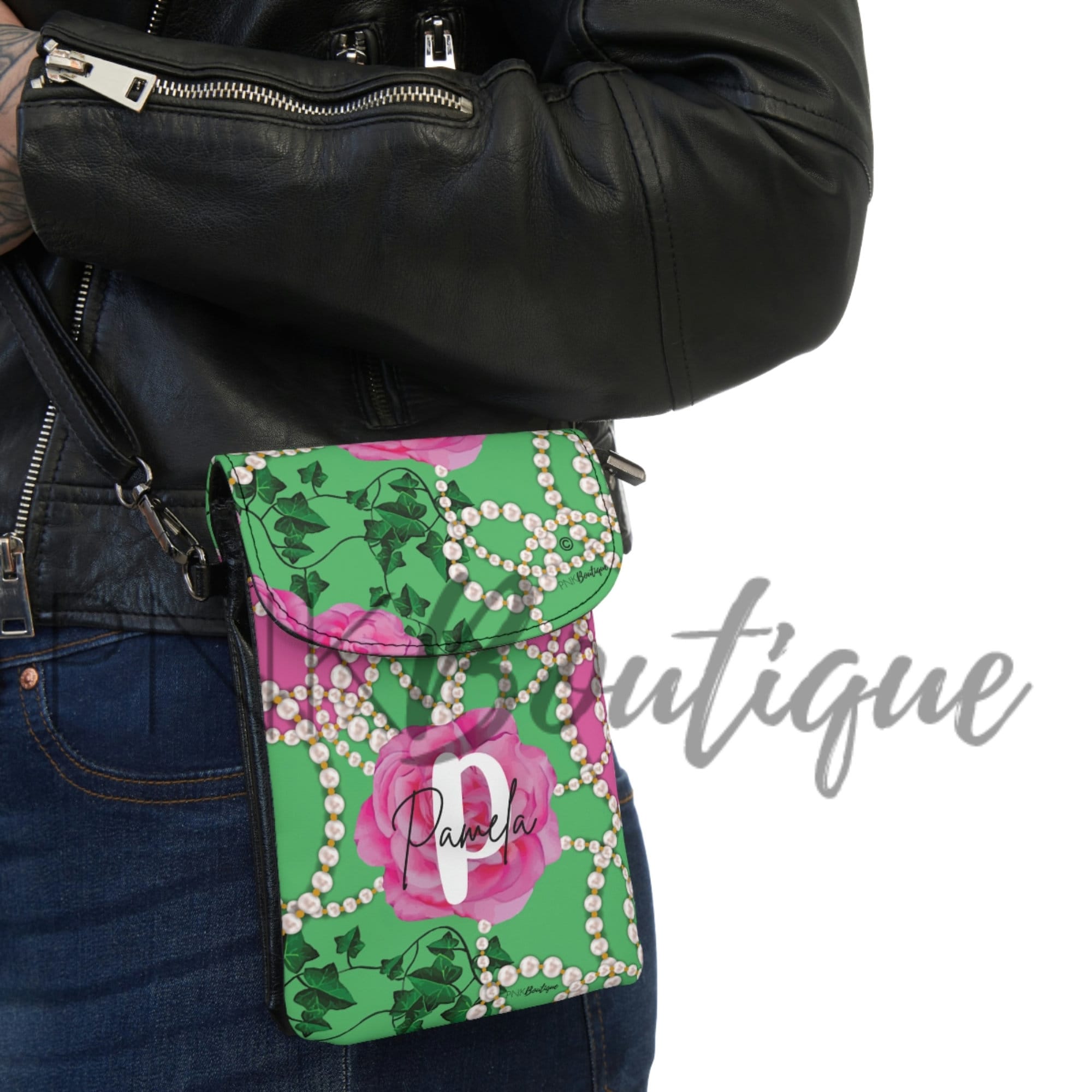 Pink and Green Crossbody Cell Phone Bag, Custom Cell Phone Pouch, Sorority Paraphernalia, Sorority Gifts, Cellphone holder, Sling bags