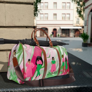 Pink and Green Waterproof Travel Bag, Sorority Paraphernalia, Overnight Weekender Bag, Duffle Bag, D9 Sorority Gifts, Waterproof Tote