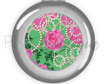 Signature Pink and Green Compact Travel Mirror, Divine Nine Greek Paraphernalia, Sorority Gifts, Compact mirror for purse