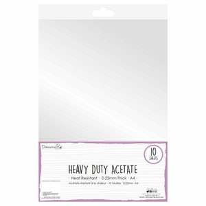 May include: A pack of 10 sheets of heavy duty acetate, heat resistant and 0.22mm thick. The sheets are A4 size. The pack is labelled "Dovecraft" and "Heavy Duty Acetate".