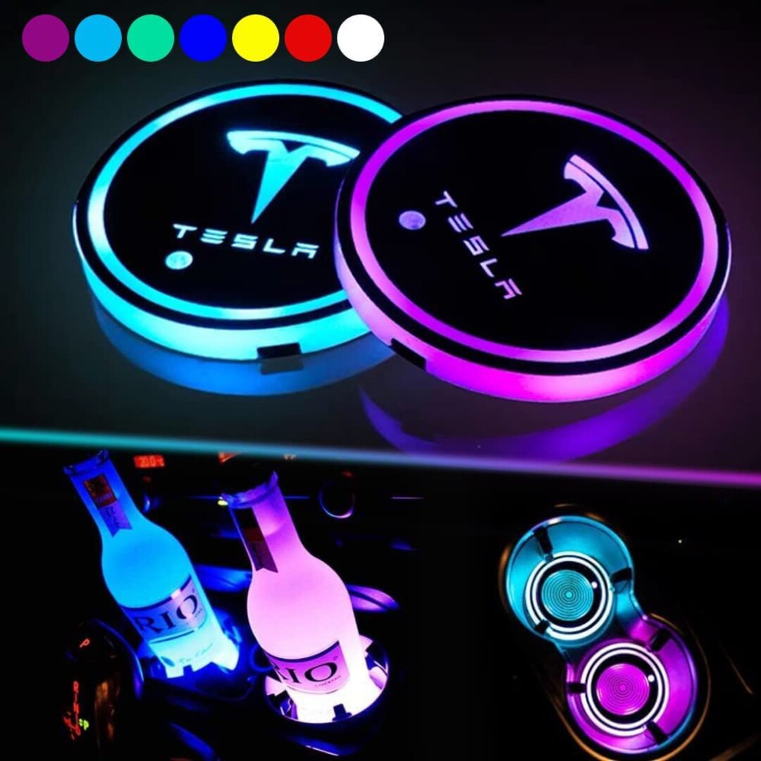 2 Pcs LED Car Coaster for Tesla Cup Holder Lights 7 Color-changing Luminous Car  Cup Mats Pads, USB Rechargable, Customizable 