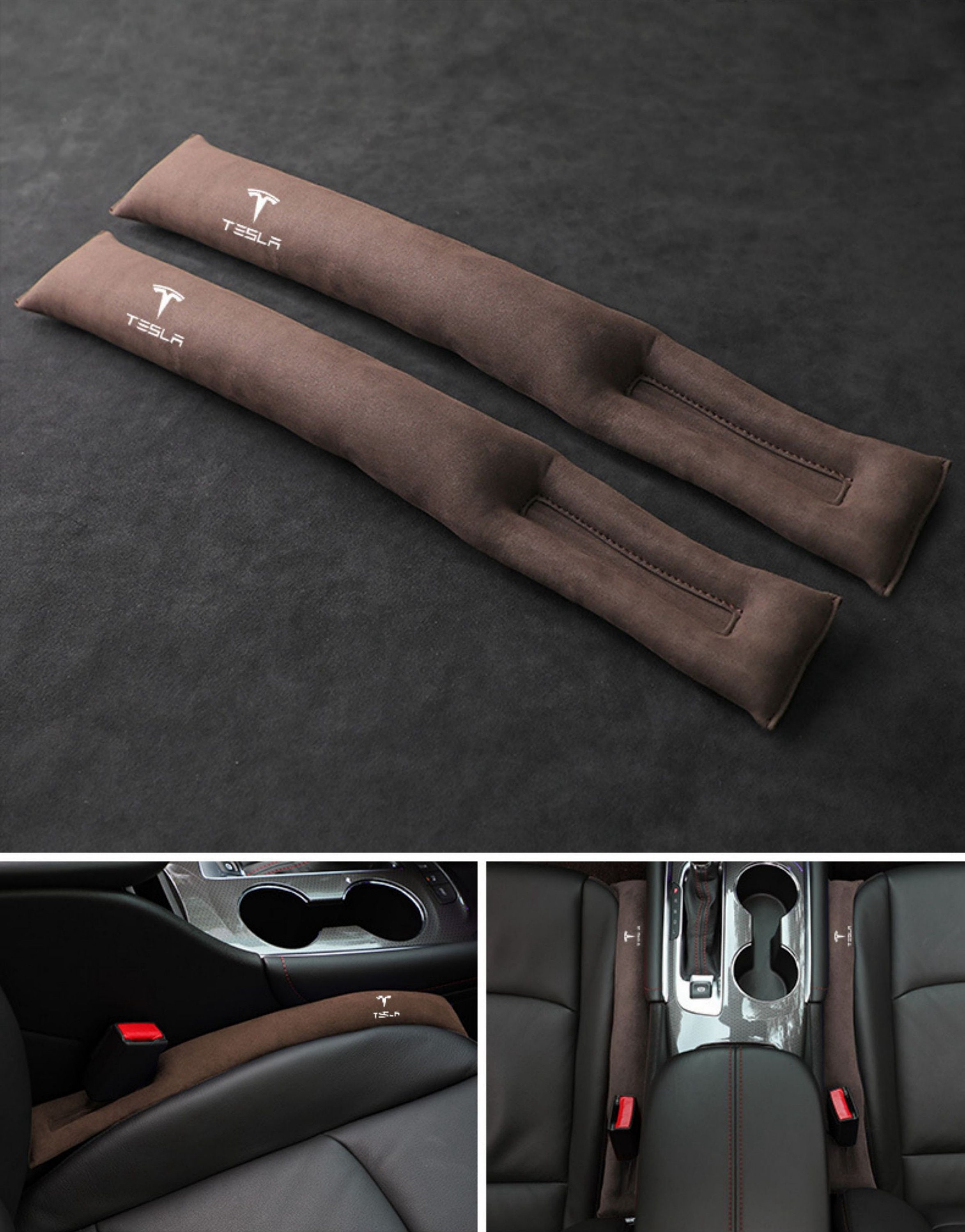 Car Seat Gap Plug Set of 2 for Teala Logo Model 3 Y S, Suede Side