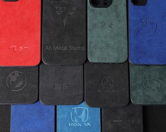 Custom Car Logo Phone Case iPhone 15 14 Pro Max Te-sla BWW Ford Alcantara Leather Customized iPhone 13 12 Mini, Samsung S24 Cover