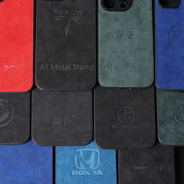 Custom Car Logo Phone Case iPhone 15 14 Pro Max Te-sla BWW Ford Alcantara Leather Customized iPhone 13 12 Mini, Samsung S24 Cover