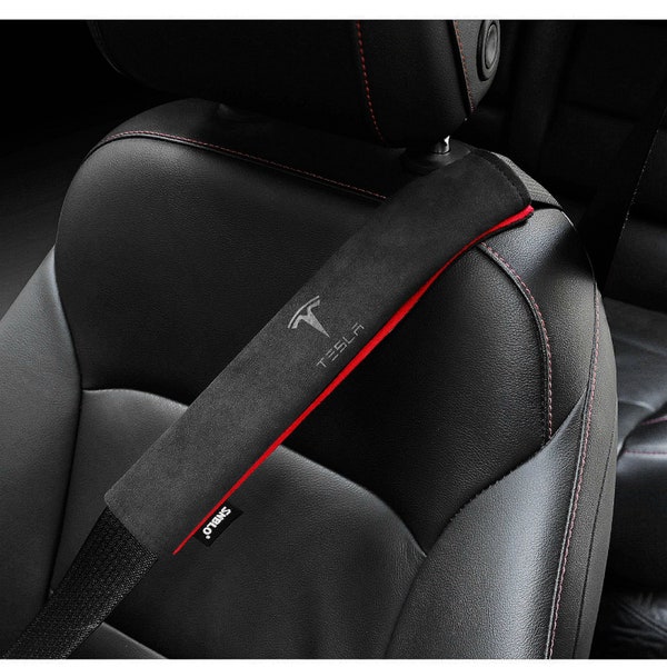 Extended Soft Tesla Model 3 Y Safety Belt Cover, Customizable Imprinted Car Logo Seat Strap Shoulder Sleeve, Suede Alcantara