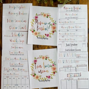 May include: A set of printable homeschool printables with a floral design. The printables include a daily rhythm, morning routine, before screen time, chore chart, schedule, weekly loop, tea time menu, morning basket, book tracker, curriculum choices, this week's plan, and after school list.