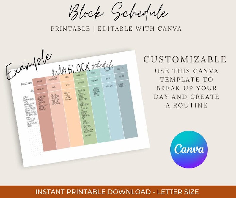 Daily Block Schedule | Printable Editable Template | Canva Planner Page ...