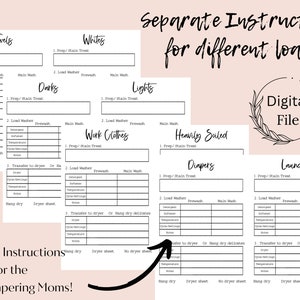 May include: A printable laundry guide for cloth diapering moms. The guide includes sections for towels, whites, darks, lights, work clothes, heavily soiled items, diapers, and general laundry. The text "Separate Instructions for different loads" is at the top.
