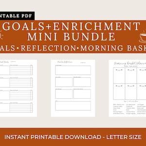 Puede incluir: Un PDF imprimible con el texto "GOALS + ENRICHMENT MINI BUNDLE" sobre un fondo marrón. El paquete incluye páginas imprimibles para objetivos, reflexión y un planificador de cesta matutina. También se incluye el texto "INSTANT PRINTABLE DOWNLOAD - LETTER SIZE".