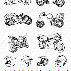 Può includere: Un set di otto illustrazioni vettoriali in bianco e nero di moto da strada. Le illustrazioni includono diversi stili di motociclette, tra cui moto sportive, cruiser e moto da cross. Le illustrazioni sono in uno stile semplice e minimalista e sono perfette per l'uso in una varietà di progetti, come la progettazione di siti Web, i media stampati e i social media.