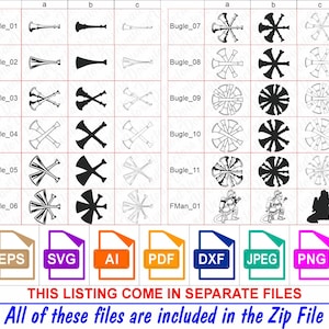 May include: A collection of vector graphics featuring bugles, axes, and a firefighter silhouette. The designs are presented in three different styles: solid black, outlined, and filled. File formats include EPS, SVG, AI, PDF, DXF, JPEG, and PNG.