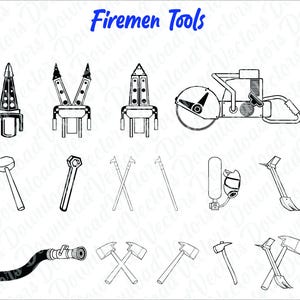 May include: Black and white line art illustrations of various tools used by firefighters. The tools include a saw, an axe, a crowbar, a wrench, a hose, a ladder, a gas mask, and a fire extinguisher.