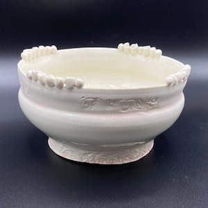 Vintage Shabby Chic Art Pottery Bowl: Pink Wash Flower Design, Artist Signed