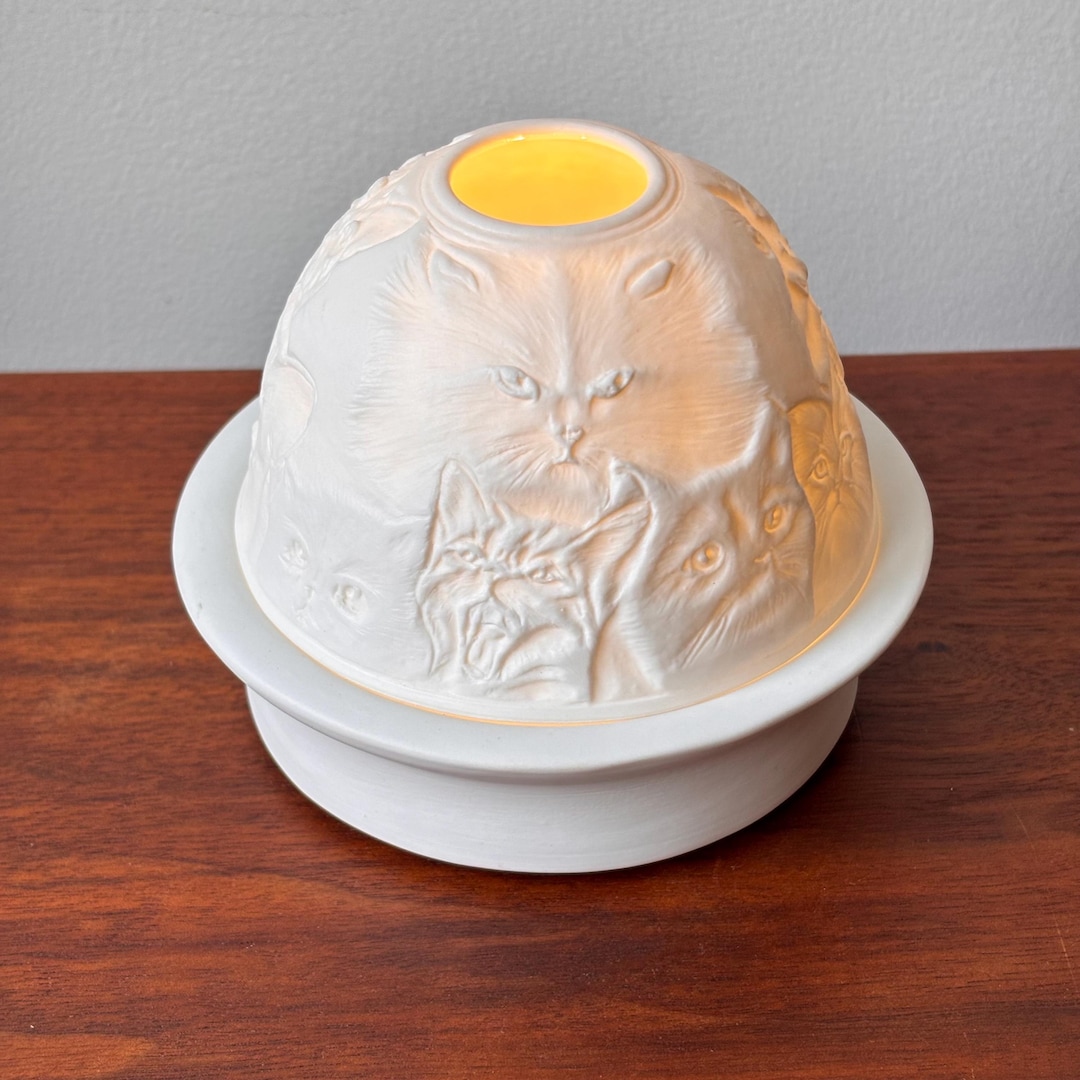 Vintage Cat Lithopane Fairy Light White Bisque Porcelain Battery