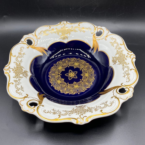 Antique Echt Weimer Kobalt Bowl - Cobalt Blue w/ 24K Gold & Cut-Outs - Made in Weimar German Democratic Republic Germany 12”