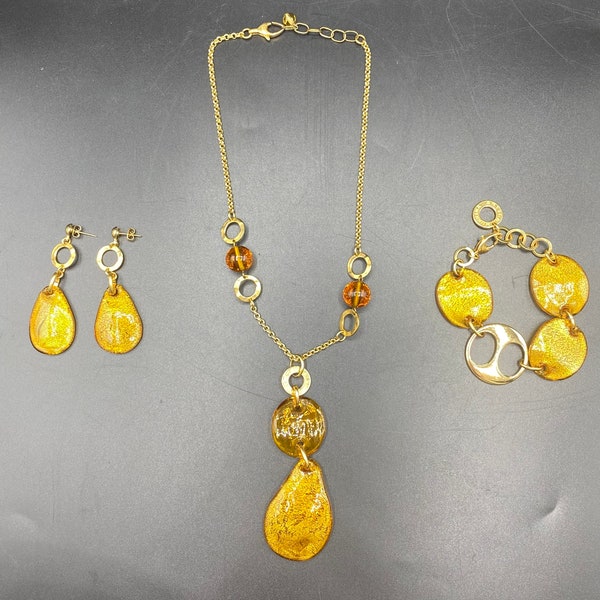 Antica Murrina Venezia Parure de bijoux pour femme en verre aventurine jaune ambre/or, collier, bracelet et boucles d'oreilles pendantes