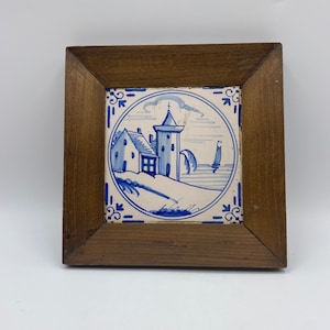 Antique Wood Framed Handpainted Blue and White Dutch Netherland Tile, 19th Century Delft Blueware Ceramic Tile Village Church Scene