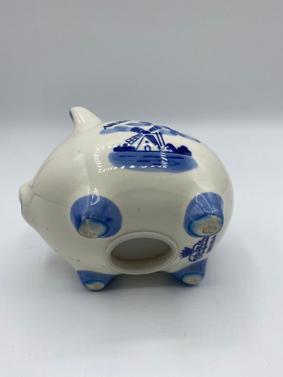 Vintage Handpainted Delft Blue Pig Piggy Bank Blue White Windmill