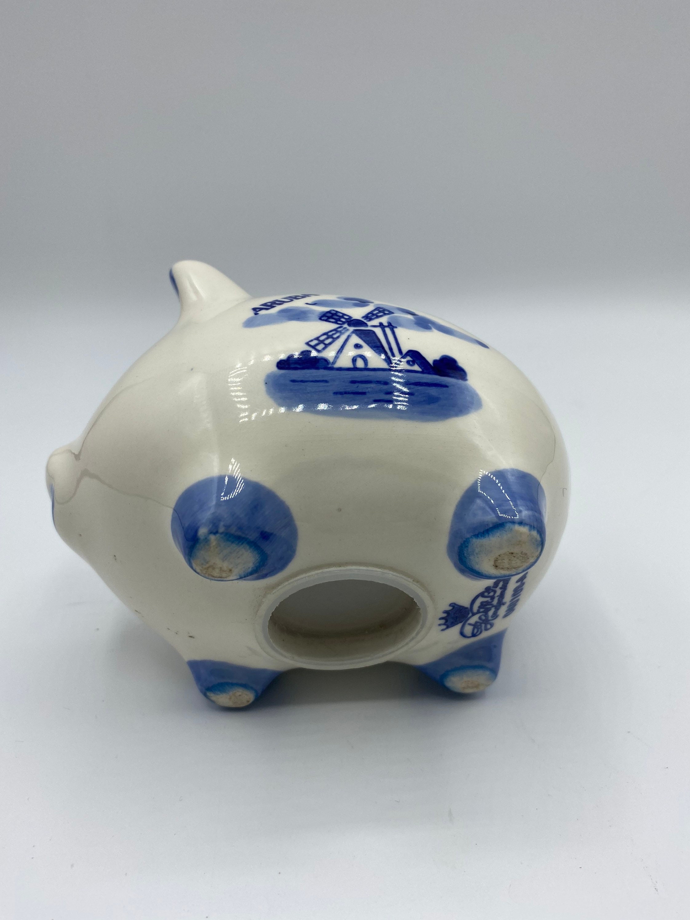ヴィンテージハンドペイント デルフトブルー 豚貯金箱　ブルーホワイト　風車 花柄 ヴィンテージ ハンドペイント デルフトブルー 豚 貯金箱 ブルー