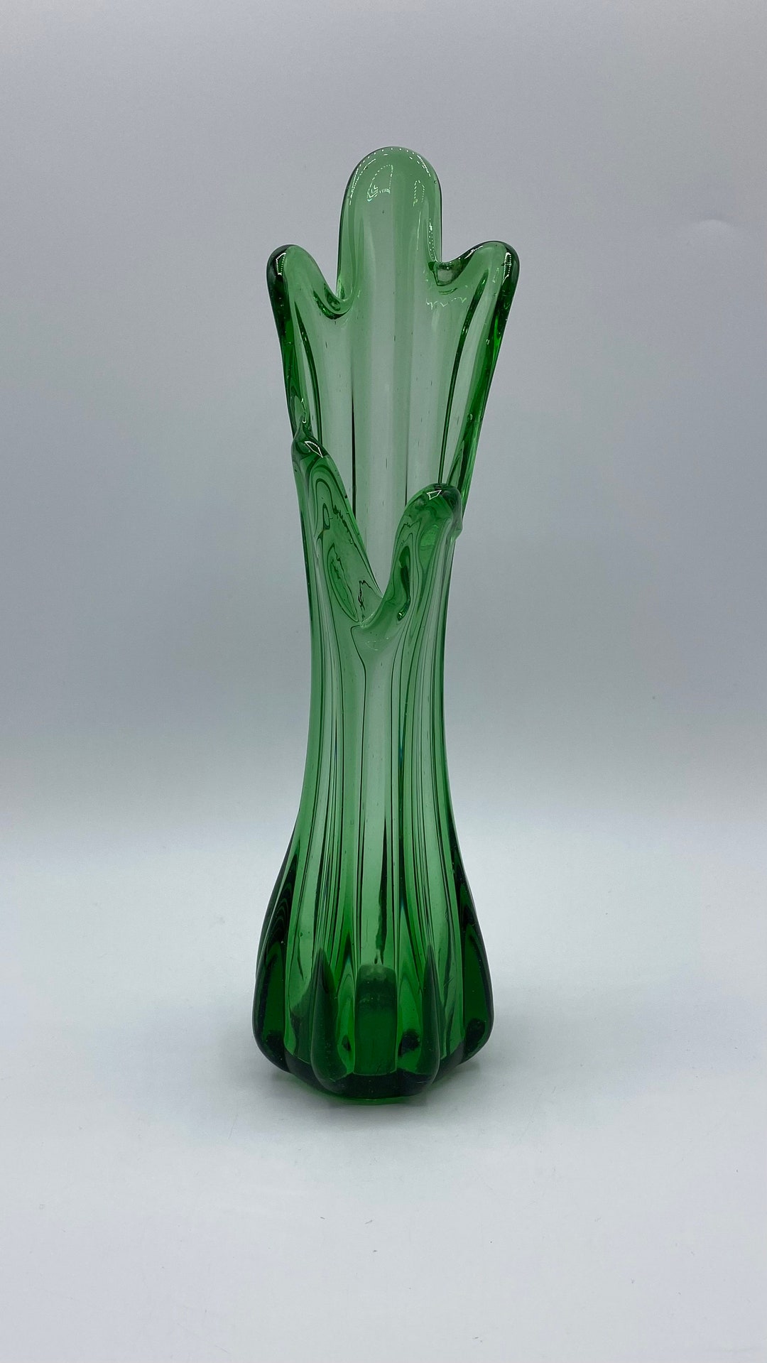 Vintage Emerald Green Glass Swung Vase MCM Green Sculptural Five Finger ...