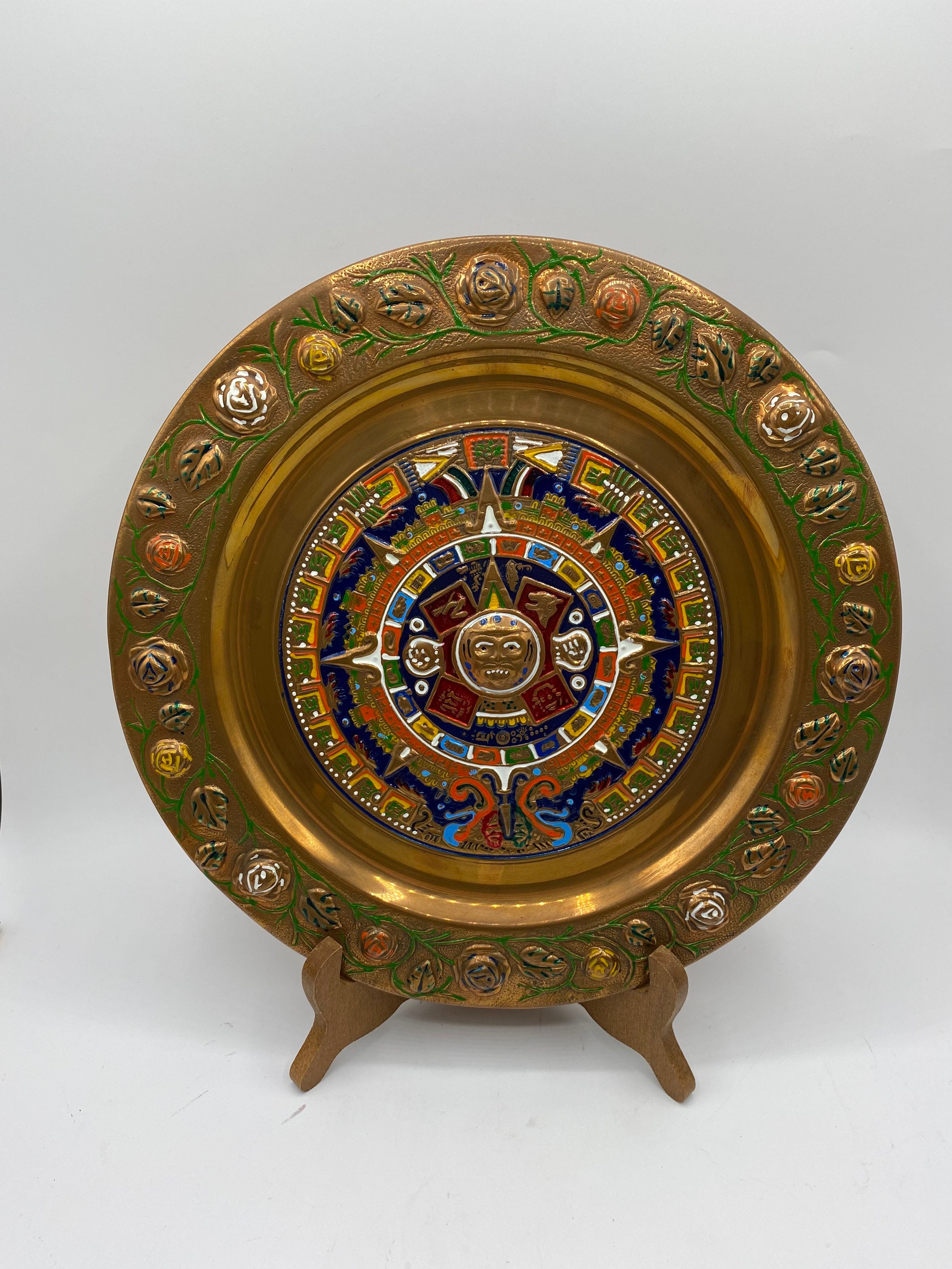 アステカカレンダー銅板：カラフルなメキシコの壁アート（11インチ