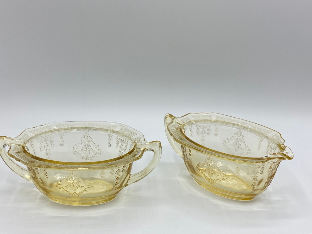Anchor Hocking 1930s Princess Pattern Yellow Uranium Glass Creamer and