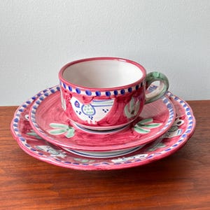 Solimene Vietri Campagna Red Chicken Cup & Saucer and Plate, Vietri Sul Mare Italy Pottery, Breakfast Pottery Dish Set