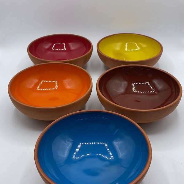 Vintage Earthenware Red Clay Turkish Pottery Terracotta Bowl Set of 5, Colourful Painted Terracotta Cereal Bowls 6”