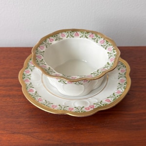 Antique MZ Moritz Zdekauer of Austrian Flower Shape Pink Floral and Gold Trim Ramekin and Saucer Set