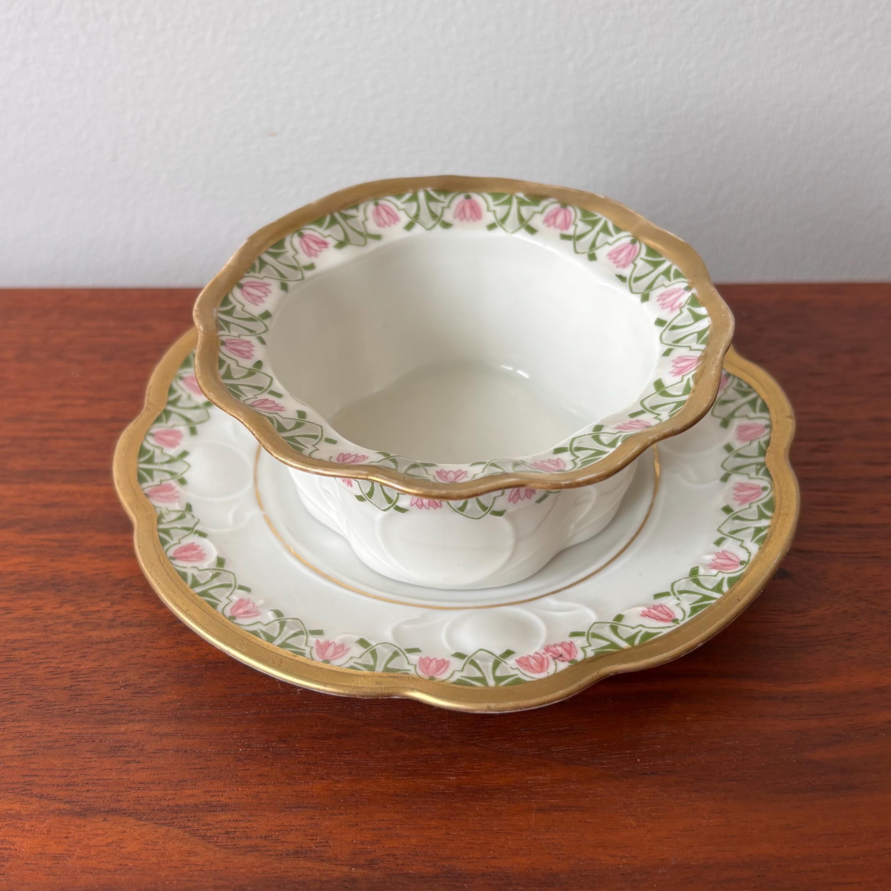 Antique MZ Austria Floral Ramekin and Saucer Set: Pink & Gold Trim