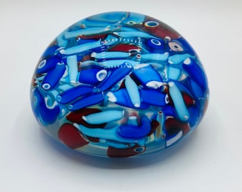 Vintage Large Murano Art Glass Scrambled Cane Millefiori Round Paperweight Made in Murano Italy 4.5"