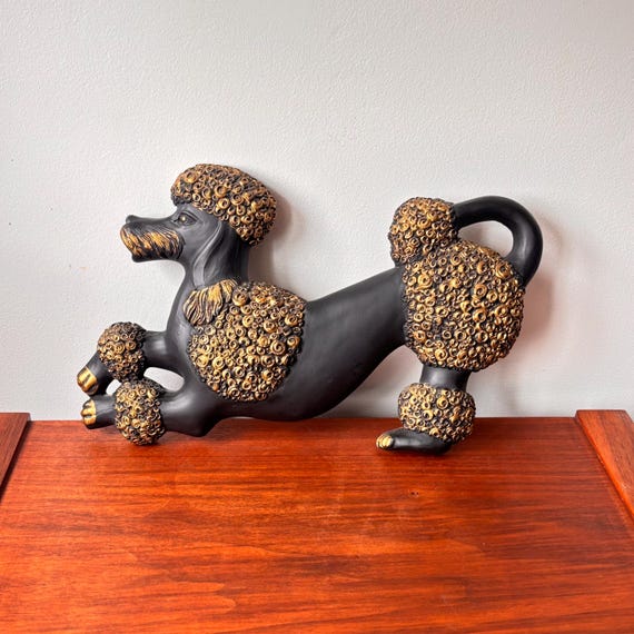 Vintage 1960s Black Poodle With Gold Details Chalkware Wall Decor