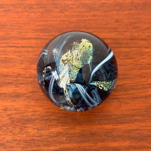 Vintage Studio Art Glass Dichroic and Blue Swirl Paperweight Artist Signed 1.75”, Art Glass Paperweight, Ribbon Swirl