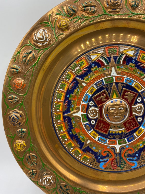 アステカカレンダー銅板：カラフルなメキシコの壁アート（11インチ