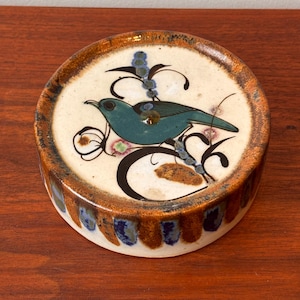 Vintage Ken Edwards Mexican Folk Art Pottery Pillar Candle Pedastal or Incence Burner with Bird Motif 4.5”