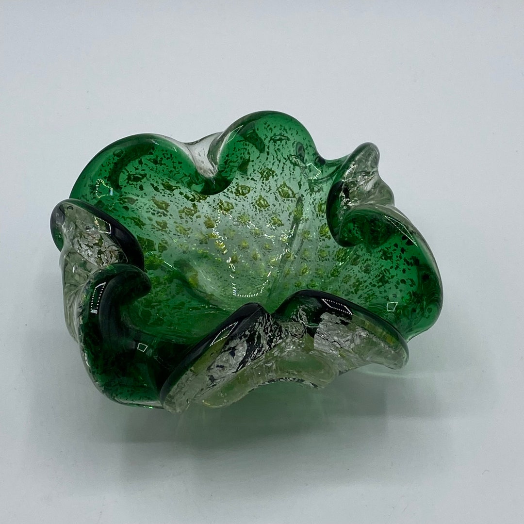 Vintage Murano Green Art Glass Bowl Ashtray: Silver Aventurine