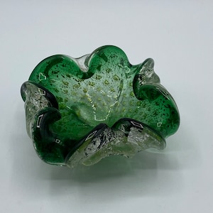 Vintage Murano Green Art Glass Bowl Ashtray with Silver Gold Aventurine, Green Italian Art Glass Bowl, Barovier & Tosso