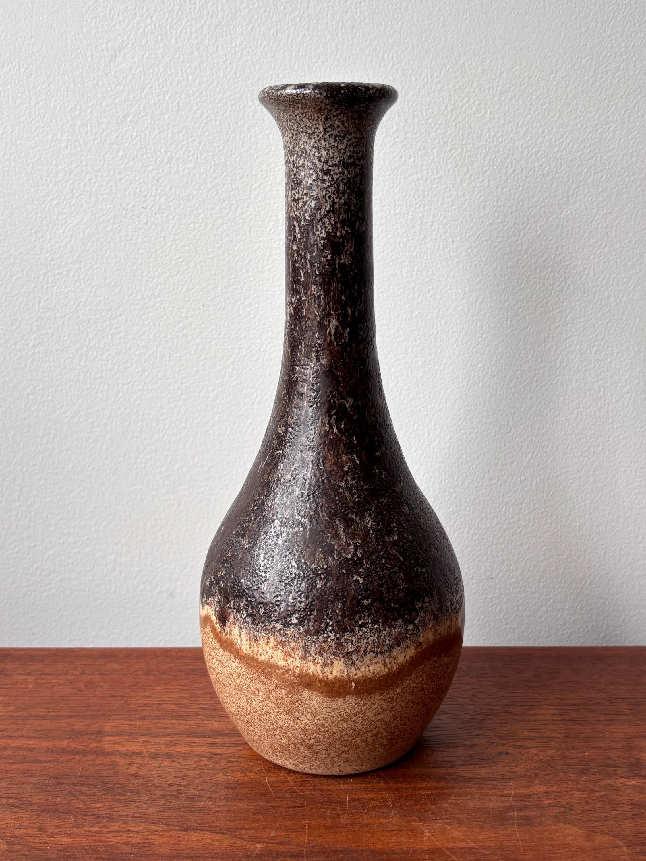 Vintage Fat Lava Glaze Brown Beige Long Neck Bottle German Pottery