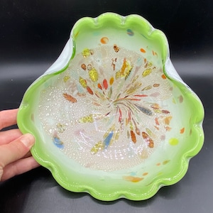 Vintage AVEM Murano Art Glass Green Cream and Gold Pastel Confetti Adventurine Multi Colour Swirl Bowl
