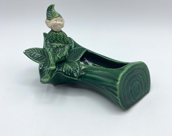 Vintage Treasure Craft Pottery Green Pixie Elf Sitting on a Log Planter, Pixie Elf Succulent Planter, Vintage Pixie Decor