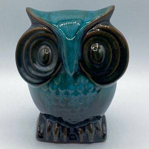 Vintage MCM Blue and Black Drip Glaze Owl Pottery Coin Bank, Canuck Pottery Niagara Falls Owl Coin Bank