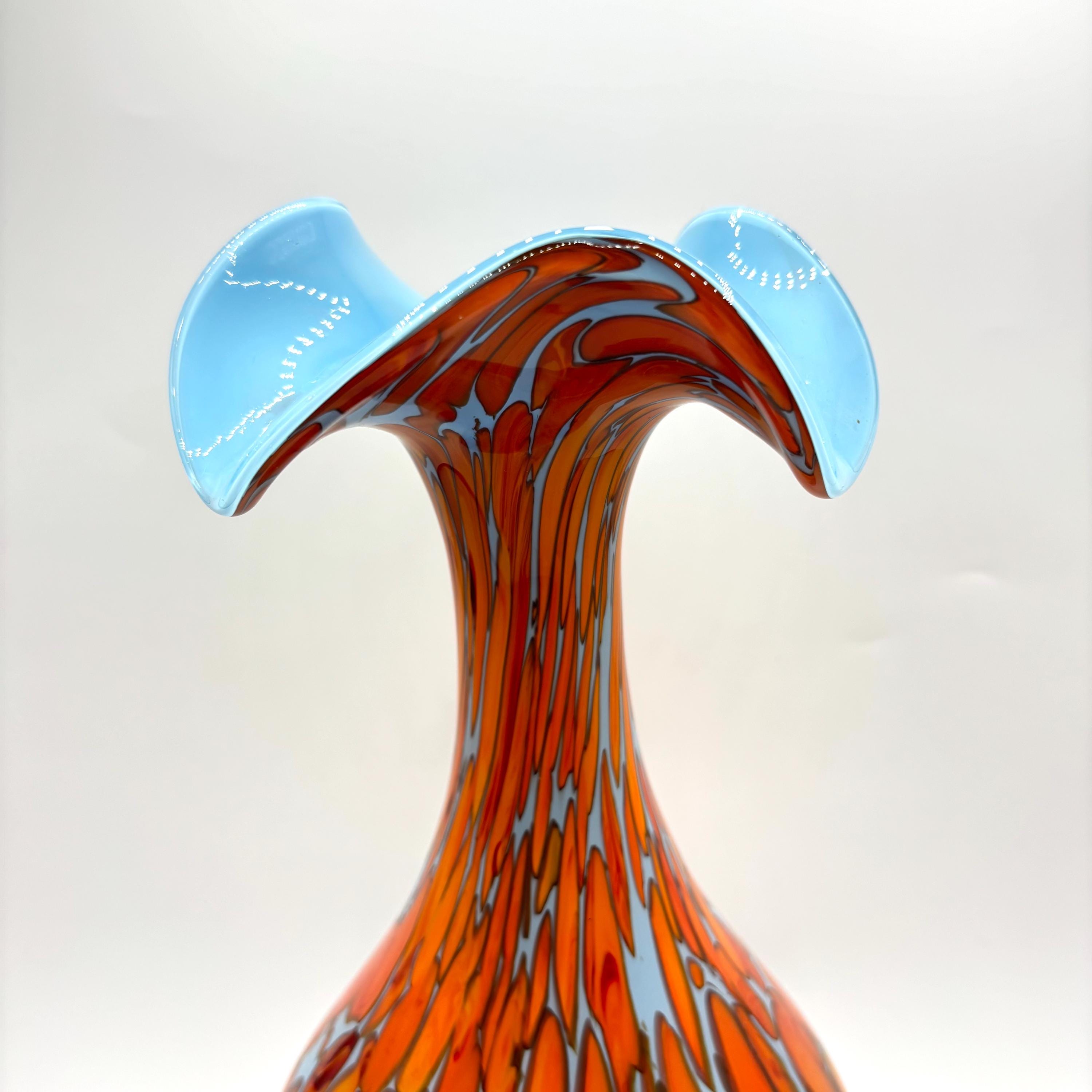 Contemporary Orange and Blue Confetti Blown Art Glass Vase