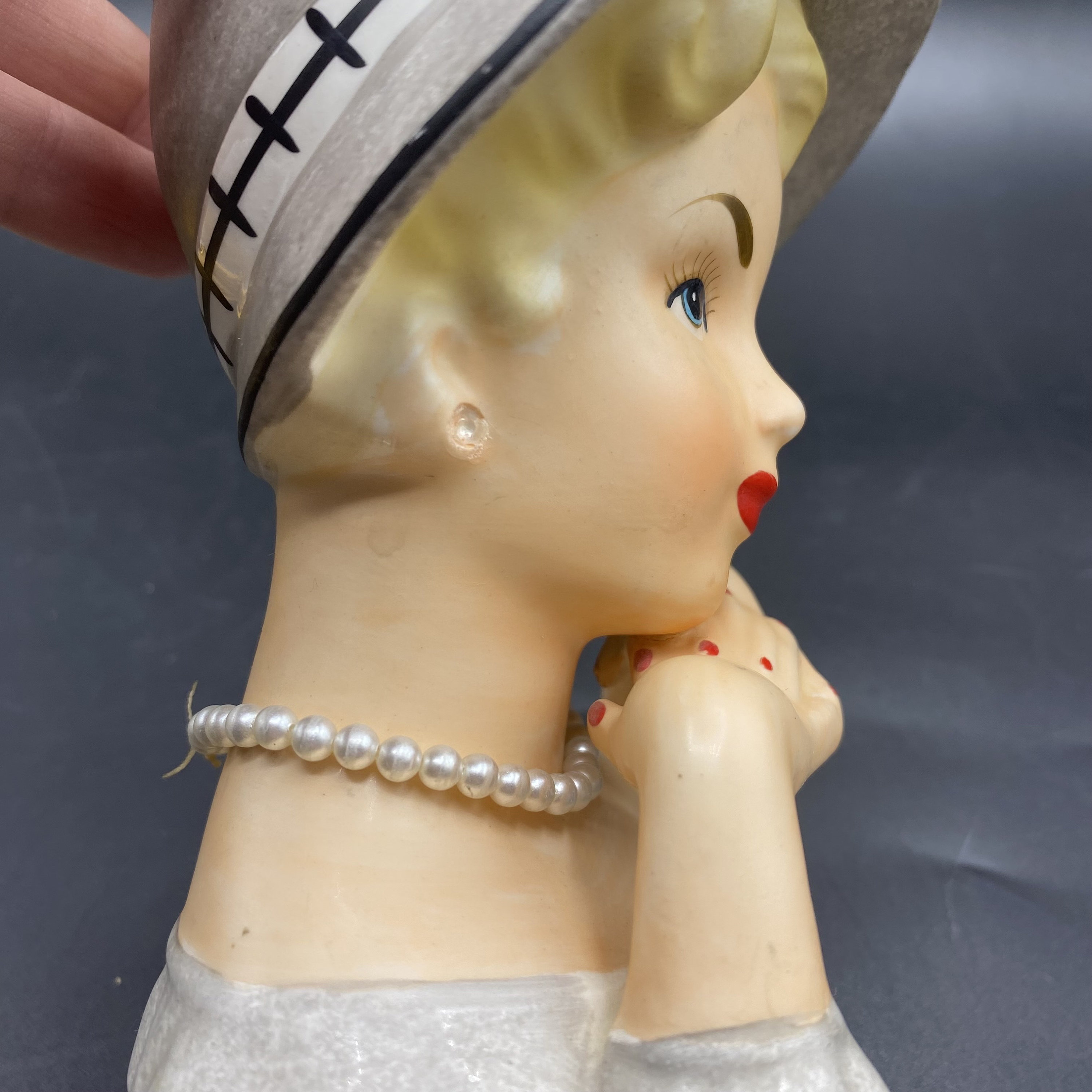 Vintage Relpo Lady Head Vase: Gray Dress, Bow Hat, Japan
