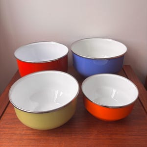 Vintage MCM Green, Blue, Red & Orange Enamel Metal Mixing Nesting Bowls Set of 4