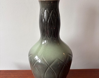 Vintage MCM Sage Green Pottery Water Decanter Carafe, MCM Pottery Decanter with Stopper 11.25”